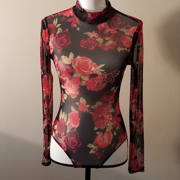 Charlotte Russe Tops - CHARLOTTE RUSSE Small Black & RED Floral Body Suit